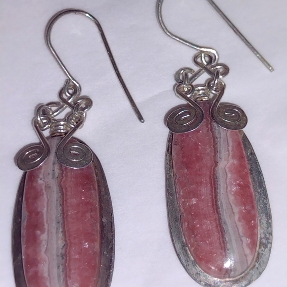 Rhodochrosite Long French Drop Earrings with Embel - Picture 3 of 5